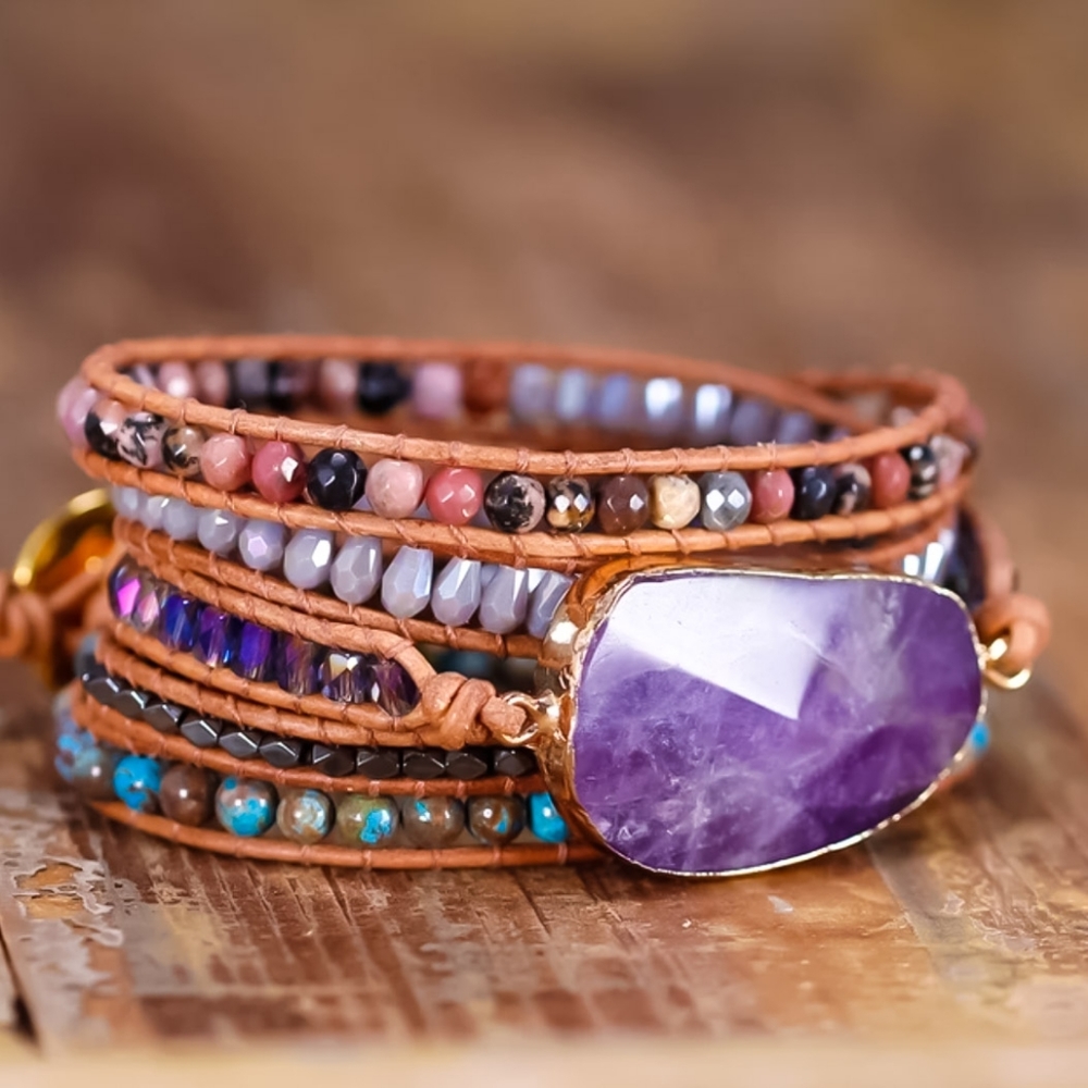 Unisex Boho Amethyst Pendant Leather Gemstone Wrap Bracelet Handmade - Picture 2 of 8